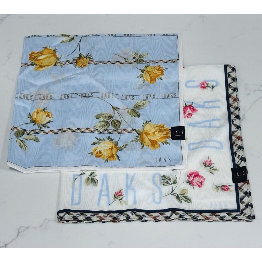 DAKS London Square Scarf Set of 2 Cotton Floral Handkerchief Blue Yellow Pink